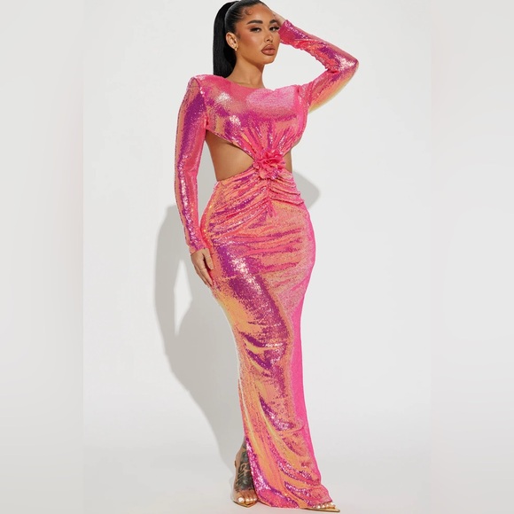 Fashion Nova Luxe Tristy Rushed Sequin Gown-Hot Pink-Size M NWT💕 - Picture 4 of 9